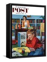 "Frog in the Library" Saturday Evening Post Cover, February 25, 1956-Richard Sargent-Framed Stretched Canvas