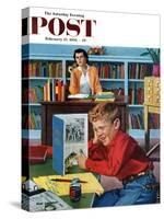 "Frog in the Library" Saturday Evening Post Cover, February 25, 1956-Richard Sargent-Stretched Canvas