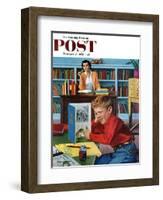 "Frog in the Library" Saturday Evening Post Cover, February 25, 1956-Richard Sargent-Framed Giclee Print