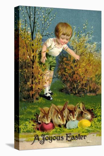 Frohe Ostern, Junge Entdeckt Osterhasen, Ostereier-null-Stretched Canvas