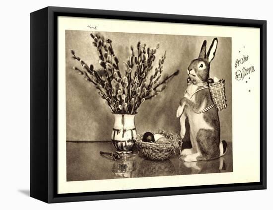 Frohe Ostern, Osterhasenfigur, Osterei, Kätzchen-null-Framed Stretched Canvas