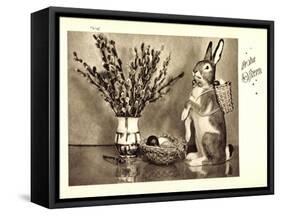 Frohe Ostern, Osterhasenfigur, Osterei, Kätzchen-null-Framed Stretched Canvas