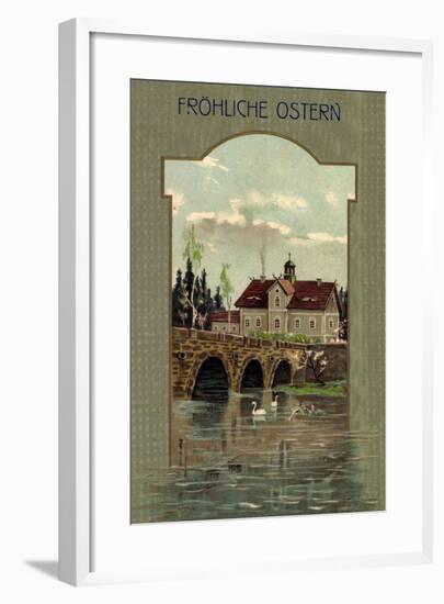 Frohe Ostern, Schwäne Auf Dem Fluss, Brücke,Wohnhaus-null-Framed Giclee Print