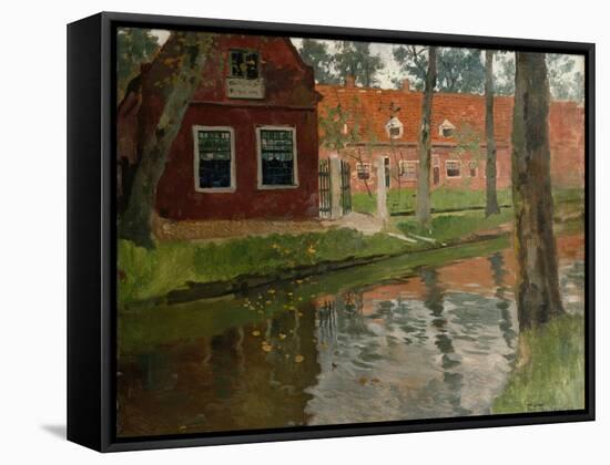 From Vollendam, red house, water-Fritz Thaulow-Framed Stretched Canvas