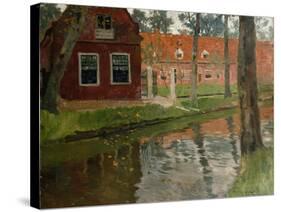 From Vollendam, red house, water-Fritz Thaulow-Stretched Canvas