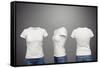 Front, Back And Side Views Of Blank Feminine T-Shirt Over Dark Background-konstantynov-Framed Stretched Canvas