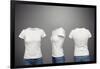 Front, Back And Side Views Of Blank Feminine T-Shirt Over Dark Background-konstantynov-Framed Art Print