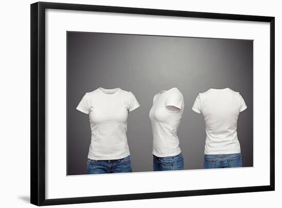 Front, Back And Side Views Of Blank Feminine T-Shirt Over Dark Background-konstantynov-Framed Art Print