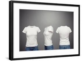 Front, Back And Side Views Of Blank Feminine T-Shirt Over Dark Background-konstantynov-Framed Art Print