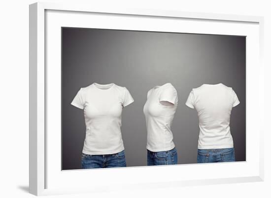 Front, Back And Side Views Of Blank Feminine T-Shirt Over Dark Background-konstantynov-Framed Art Print