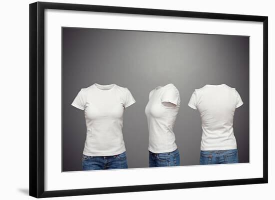 Front, Back And Side Views Of Blank Feminine T-Shirt Over Dark Background-konstantynov-Framed Art Print