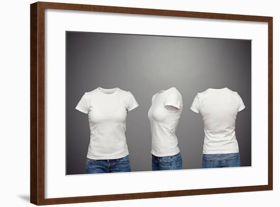 Front, Back And Side Views Of Blank Feminine T-Shirt Over Dark Background-konstantynov-Framed Art Print