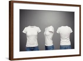 Front, Back And Side Views Of Blank Feminine T-Shirt Over Dark Background-konstantynov-Framed Art Print