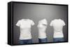 Front, Back And Side Views Of Blank Feminine T-Shirt Over Dark Background-konstantynov-Framed Stretched Canvas