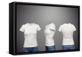 Front, Back And Side Views Of Blank Feminine T-Shirt Over Dark Background-konstantynov-Framed Stretched Canvas