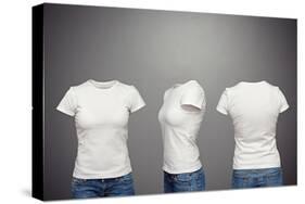 Front, Back And Side Views Of Blank Feminine T-Shirt Over Dark Background-konstantynov-Stretched Canvas