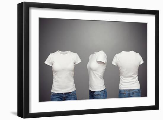 Front, Back And Side Views Of Blank Feminine T-Shirt Over Dark Background-konstantynov-Framed Art Print