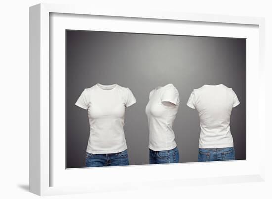 Front, Back And Side Views Of Blank Feminine T-Shirt Over Dark Background-konstantynov-Framed Art Print