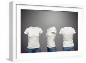 Front, Back And Side Views Of Blank Feminine T-Shirt Over Dark Background-konstantynov-Framed Art Print