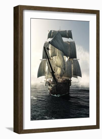 Front View of a Pirate Ship Vessel Piercing through the Fog Headed toward the Camera . 3D Rendering-Digital Storm-Framed Art Print