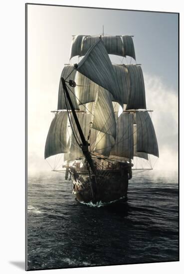Front View of a Pirate Ship Vessel Piercing through the Fog Headed toward the Camera . 3D Rendering-Digital Storm-Mounted Art Print