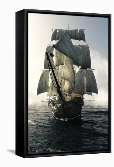 Front View of a Pirate Ship Vessel Piercing through the Fog Headed toward the Camera . 3D Rendering-Digital Storm-Framed Stretched Canvas