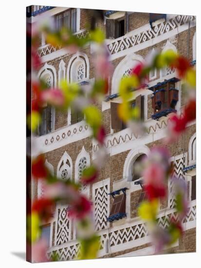 Frontage of Buildings and Floral Decorations, Sana'a, Yemen-Peter Adams-Stretched Canvas