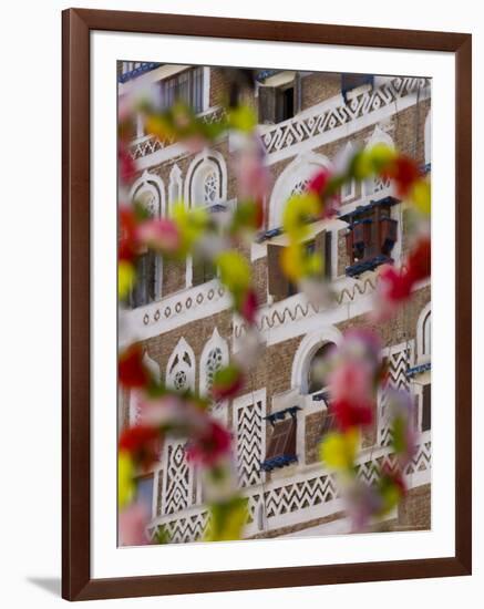 Frontage of Buildings and Floral Decorations, Sana'a, Yemen-Peter Adams-Framed Photographic Print