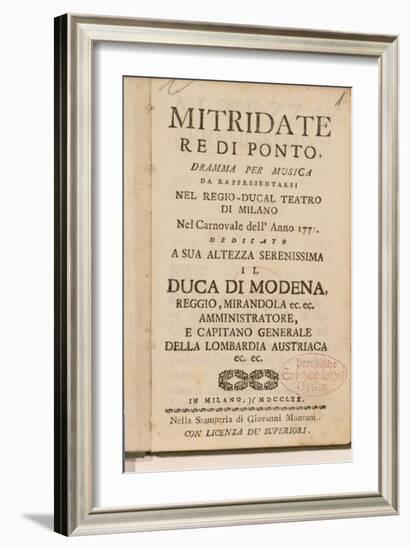 Frontispiece from an Early Copy of 'Mitridate, Re Di Ponte', an Opera by Wolfgang Amadeus Mozart-Italian School-Framed Giclee Print