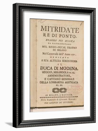 Frontispiece from an Early Copy of 'Mitridate, Re Di Ponte', an Opera by Wolfgang Amadeus Mozart-Italian School-Framed Giclee Print