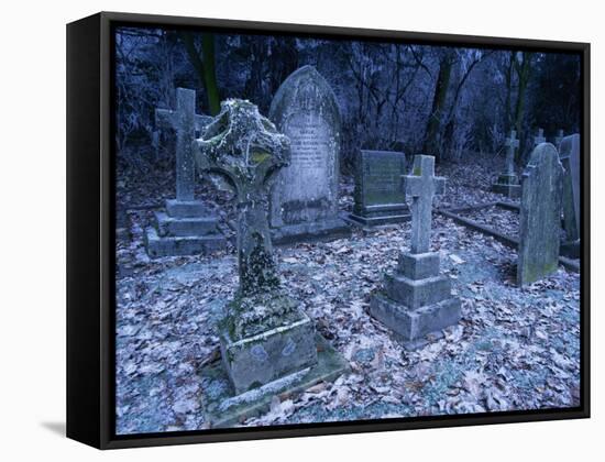 Frost on Headstones and Gravestones in a Graveyard at Ossington, Nottinghamshire, England-Mawson Mark-Framed Stretched Canvas