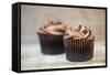 Frosted Chocolate Cupcakes on Rustic Wooden Background-Veneratio-Framed Stretched Canvas