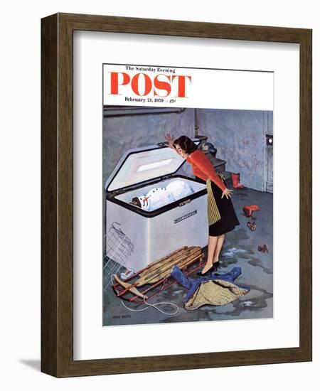 "Frosty in the Freezer" Saturday Evening Post Cover, February 21, 1959-John Falter-Framed Giclee Print