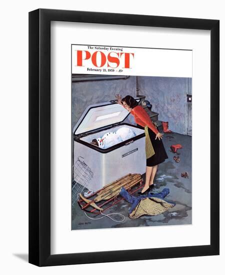 "Frosty in the Freezer" Saturday Evening Post Cover, February 21, 1959-John Falter-Framed Giclee Print