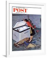 "Frosty in the Freezer" Saturday Evening Post Cover, February 21, 1959-John Falter-Framed Giclee Print