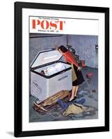 "Frosty in the Freezer" Saturday Evening Post Cover, February 21, 1959-John Falter-Framed Giclee Print