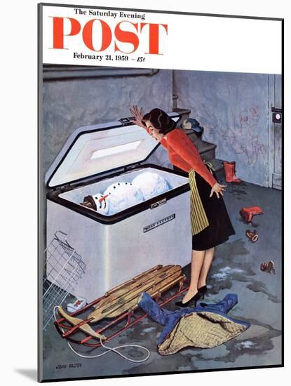 "Frosty in the Freezer" Saturday Evening Post Cover, February 21, 1959-John Falter-Mounted Giclee Print