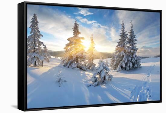 Frosty Morning in the Mountains, Panorama of Winter Mountains, Ukraine, Carpathians-Kotenko-Framed Stretched Canvas
