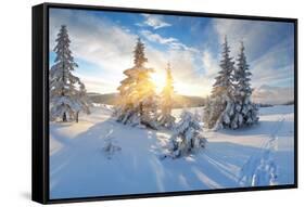 Frosty Morning in the Mountains, Panorama of Winter Mountains, Ukraine, Carpathians-Kotenko-Framed Stretched Canvas