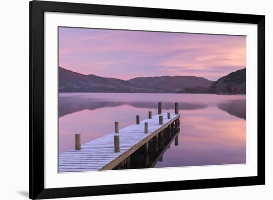 Frosty Wooden Jetty on Ullswater at Dawn, Lake District, Cumbria, England. Winter (November)-Adam Burton-Framed Photographic Print