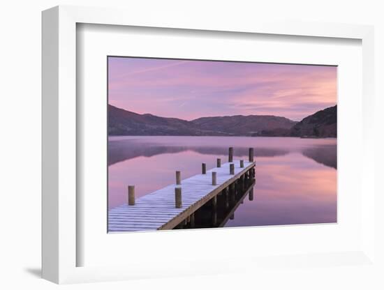 Frosty Wooden Jetty on Ullswater at Dawn, Lake District, Cumbria, England. Winter (November)-Adam Burton-Framed Photographic Print