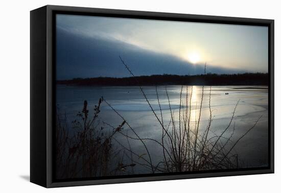 Frozen lake sunset, Eagle Creek Park, Indianapolis, Indiana, USA-Anna Miller-Framed Stretched Canvas