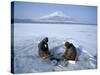 Frozen Lake with Fishermen, Lake Yamanaka, Mount Fuji, Honshu, Japan-null-Stretched Canvas
