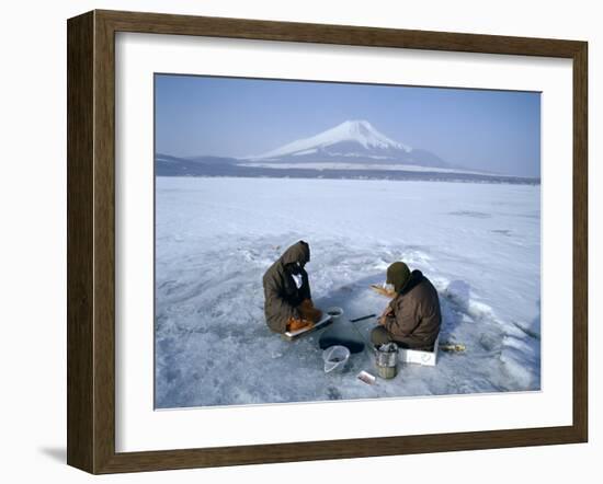 Frozen Lake with Fishermen, Lake Yamanaka, Mount Fuji, Honshu, Japan-null-Framed Premium Photographic Print