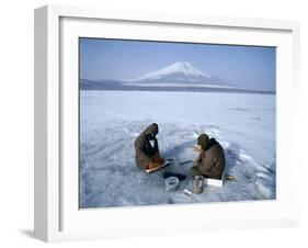 Frozen Lake with Fishermen, Lake Yamanaka, Mount Fuji, Honshu, Japan-null-Framed Premium Photographic Print