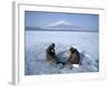 Frozen Lake with Fishermen, Lake Yamanaka, Mount Fuji, Honshu, Japan-null-Framed Photographic Print