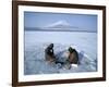 Frozen Lake with Fishermen, Lake Yamanaka, Mount Fuji, Honshu, Japan-null-Framed Photographic Print