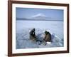 Frozen Lake with Fishermen, Lake Yamanaka, Mount Fuji, Honshu, Japan-null-Framed Photographic Print