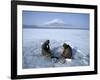 Frozen Lake with Fishermen, Lake Yamanaka, Mount Fuji, Honshu, Japan-null-Framed Photographic Print