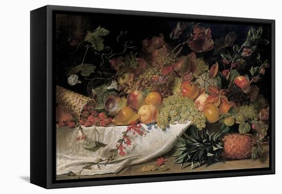 Fruit and Flowers on a Stone Ledge, 1829-George Lance-Framed Stretched Canvas